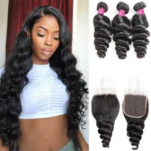 Brazilian Loose Wave Human Hair 3 Bundles with 4x4 Lace Closure MYLOCKME