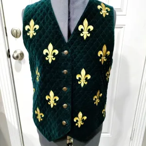 Cambridge Dry Goods green velvet fleur de lis women's vest size Small