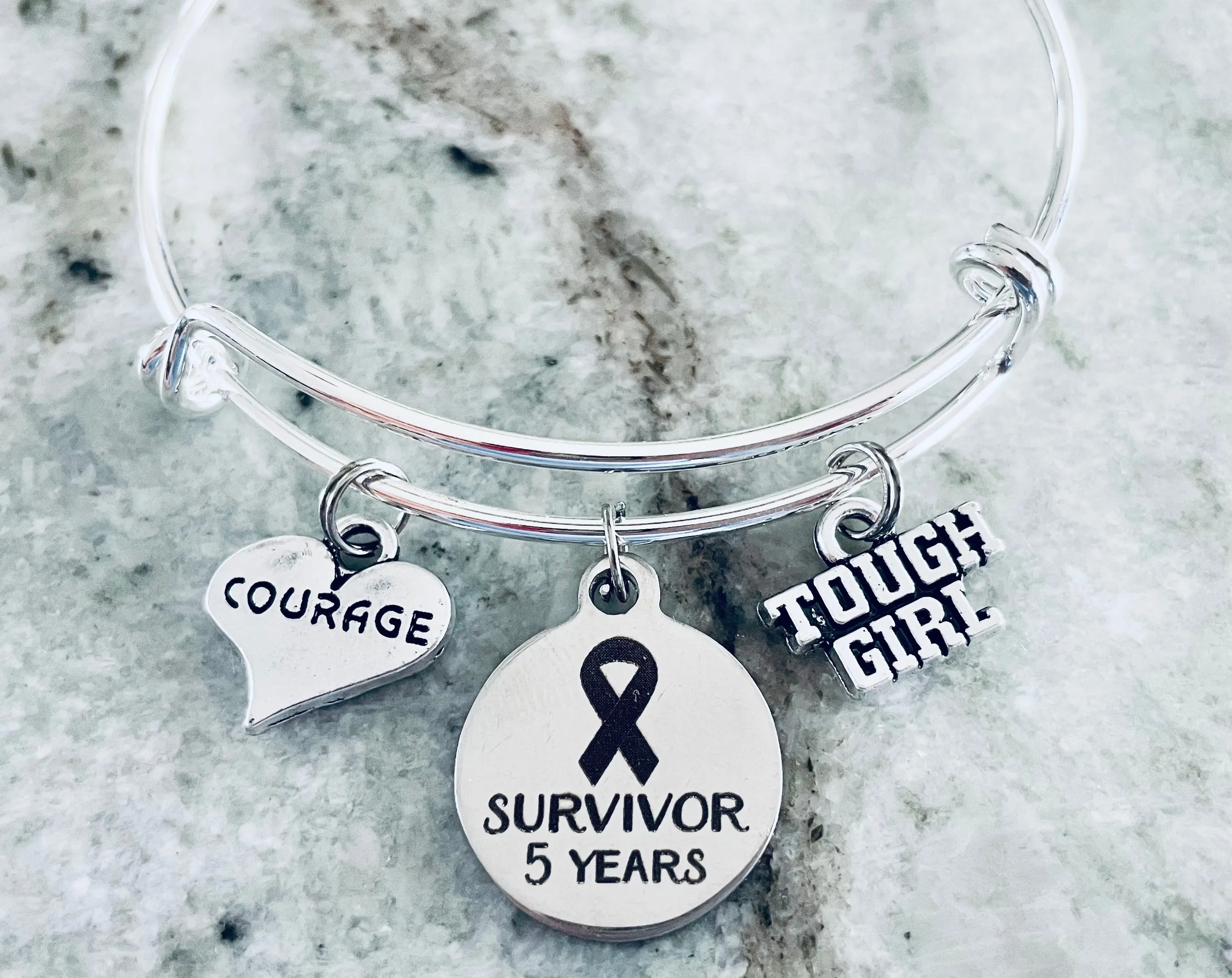 Cancer Survivor 5 Year Courage Tough Girl Expandable Silver Charm Bracelet Adjustable Bangle Gift