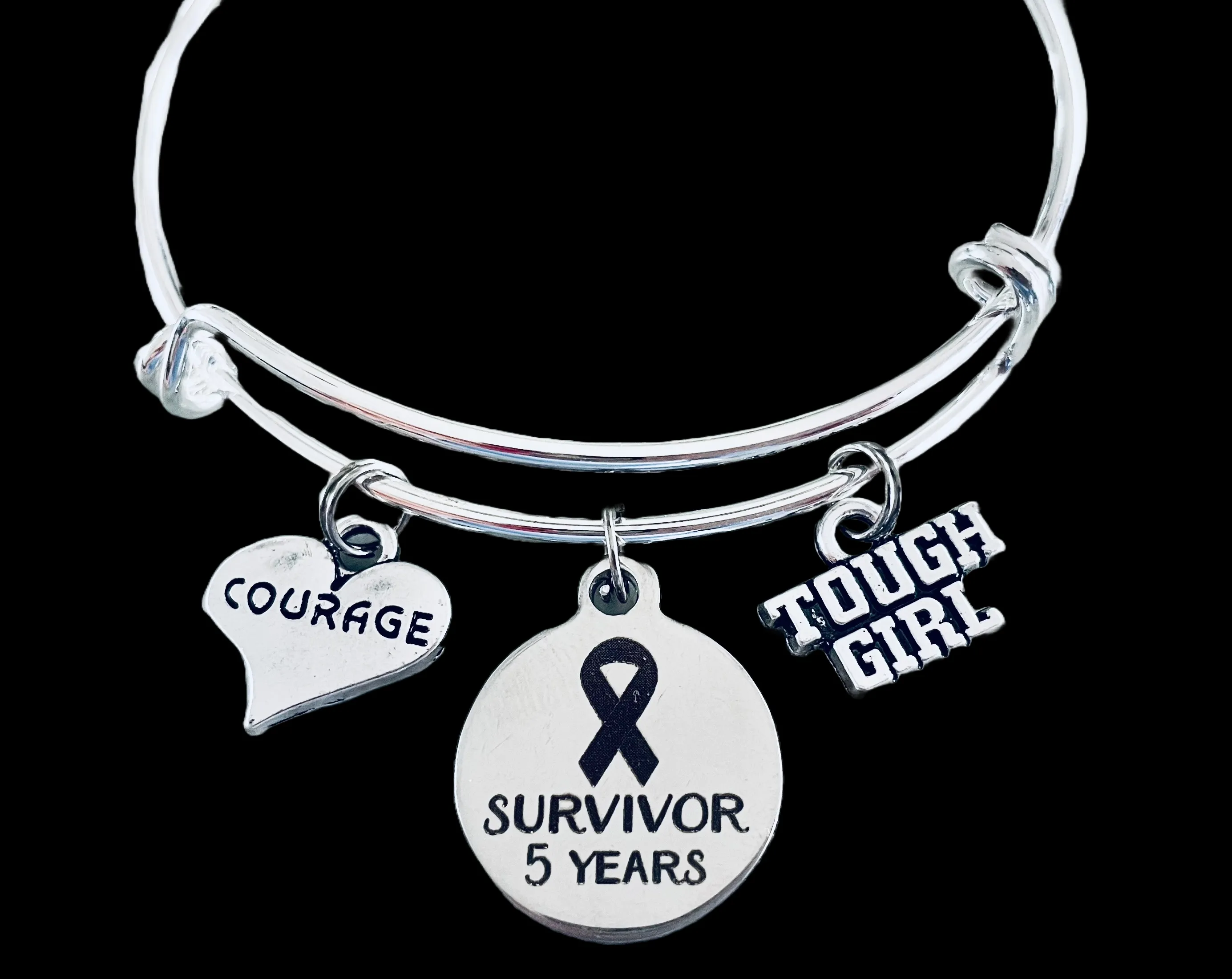 Cancer Survivor 5 Year Courage Tough Girl Expandable Silver Charm Bracelet Adjustable Bangle Gift