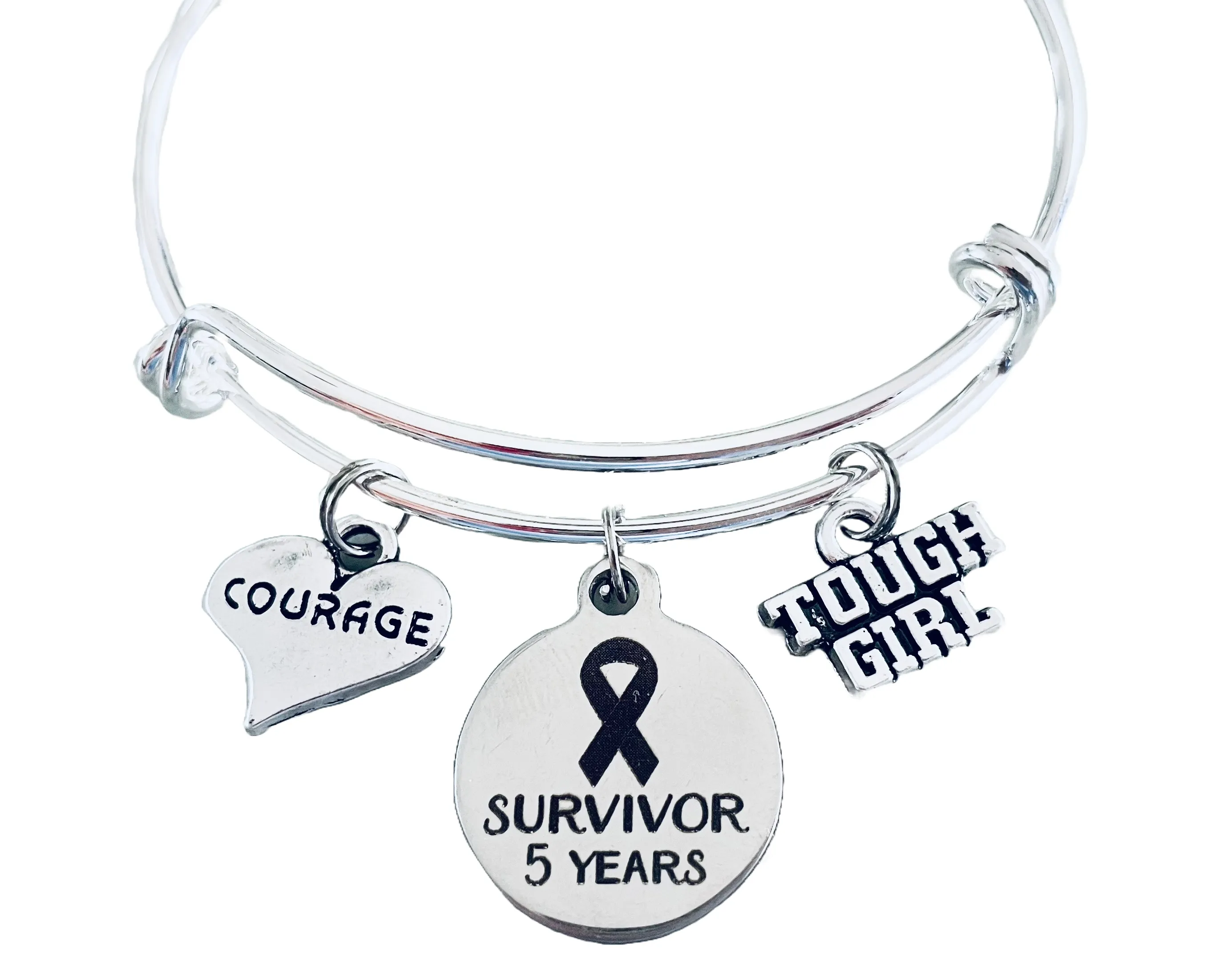 Cancer Survivor 5 Year Courage Tough Girl Expandable Silver Charm Bracelet Adjustable Bangle Gift