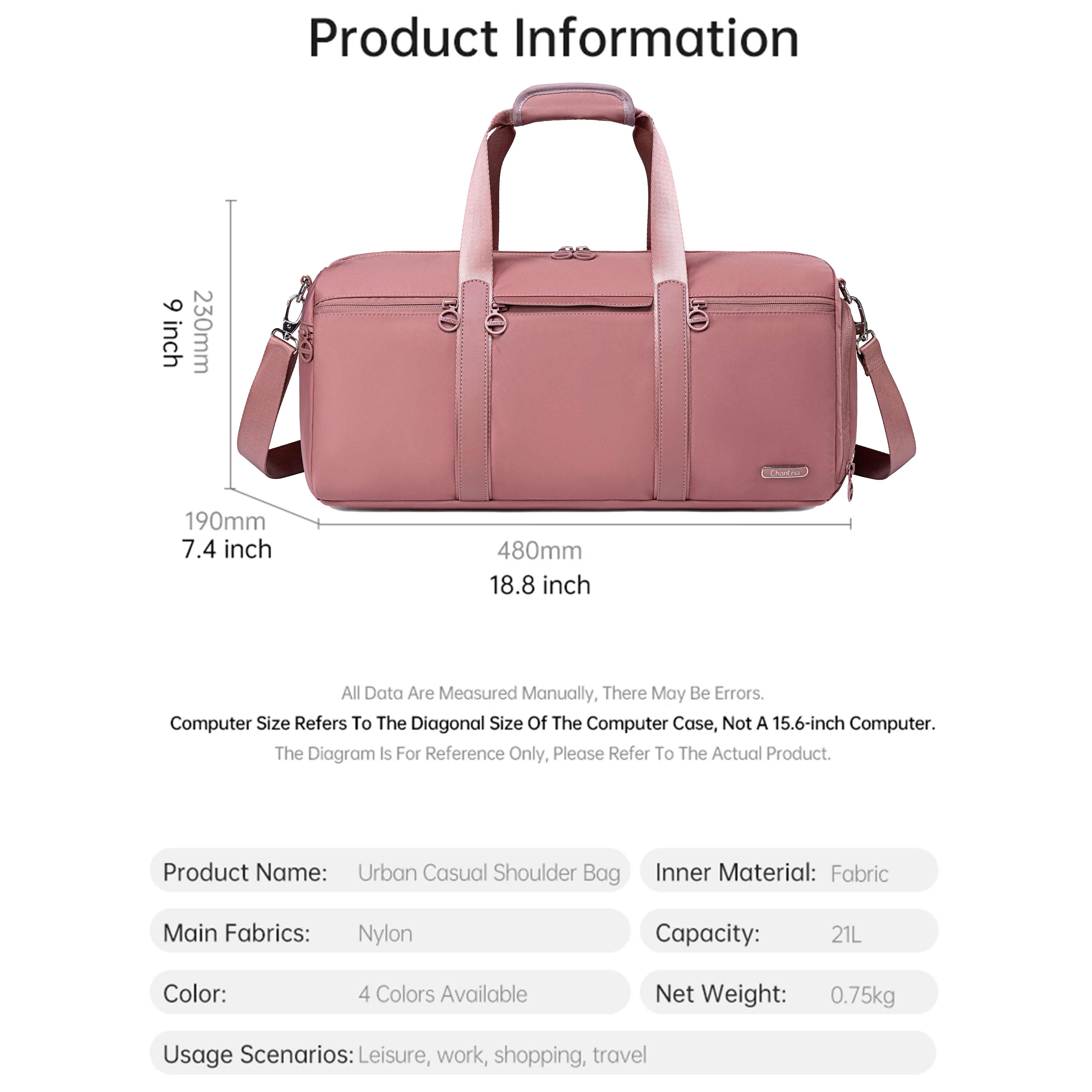Chantria 21L Premium Gym Bag Water Resistant Duffel Bag with Shoe Compartment and Detachable Shoulder Straps for Women, CB00777