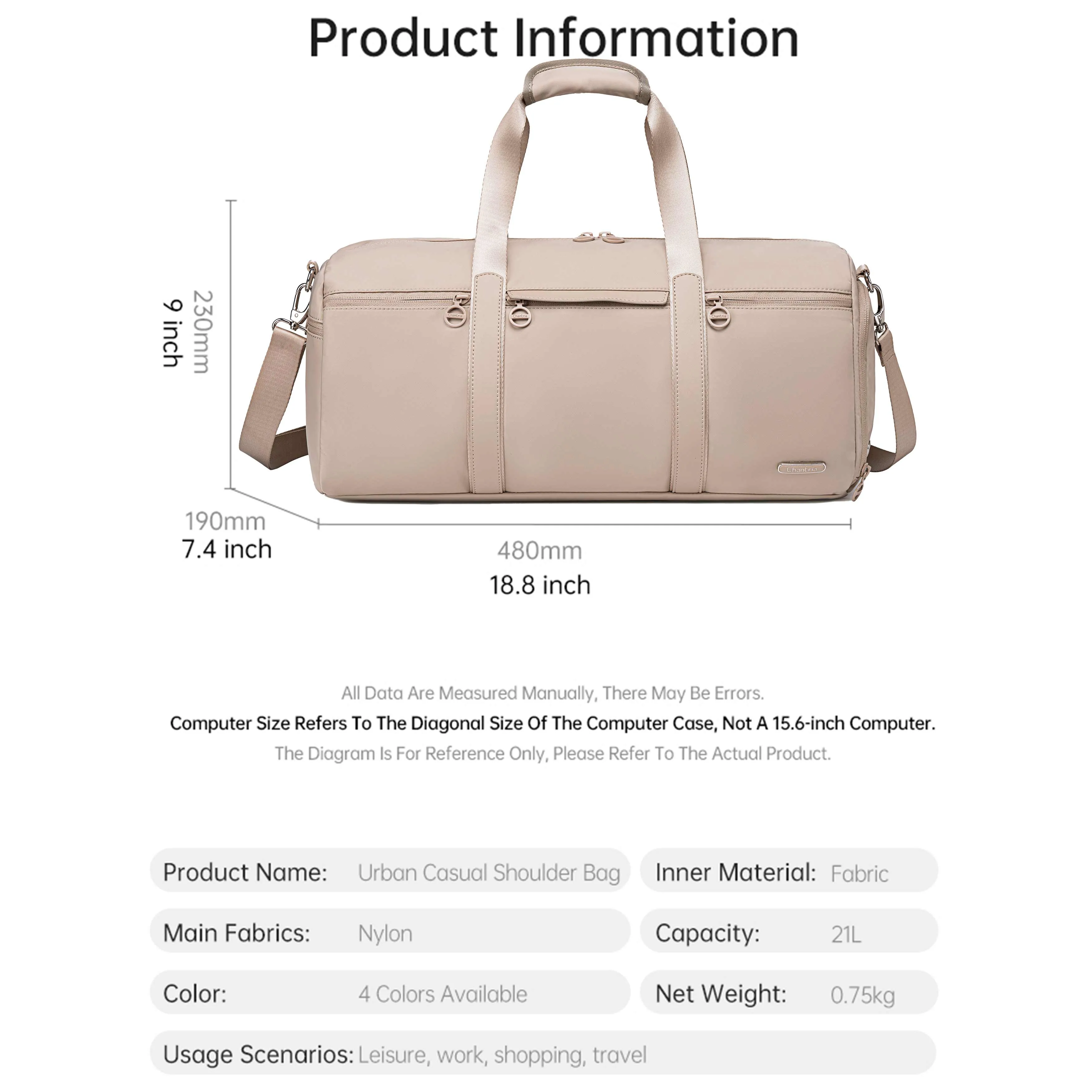 Chantria 21L Premium Gym Bag Water Resistant Duffel Bag with Shoe Compartment and Detachable Shoulder Straps for Women, CB00777