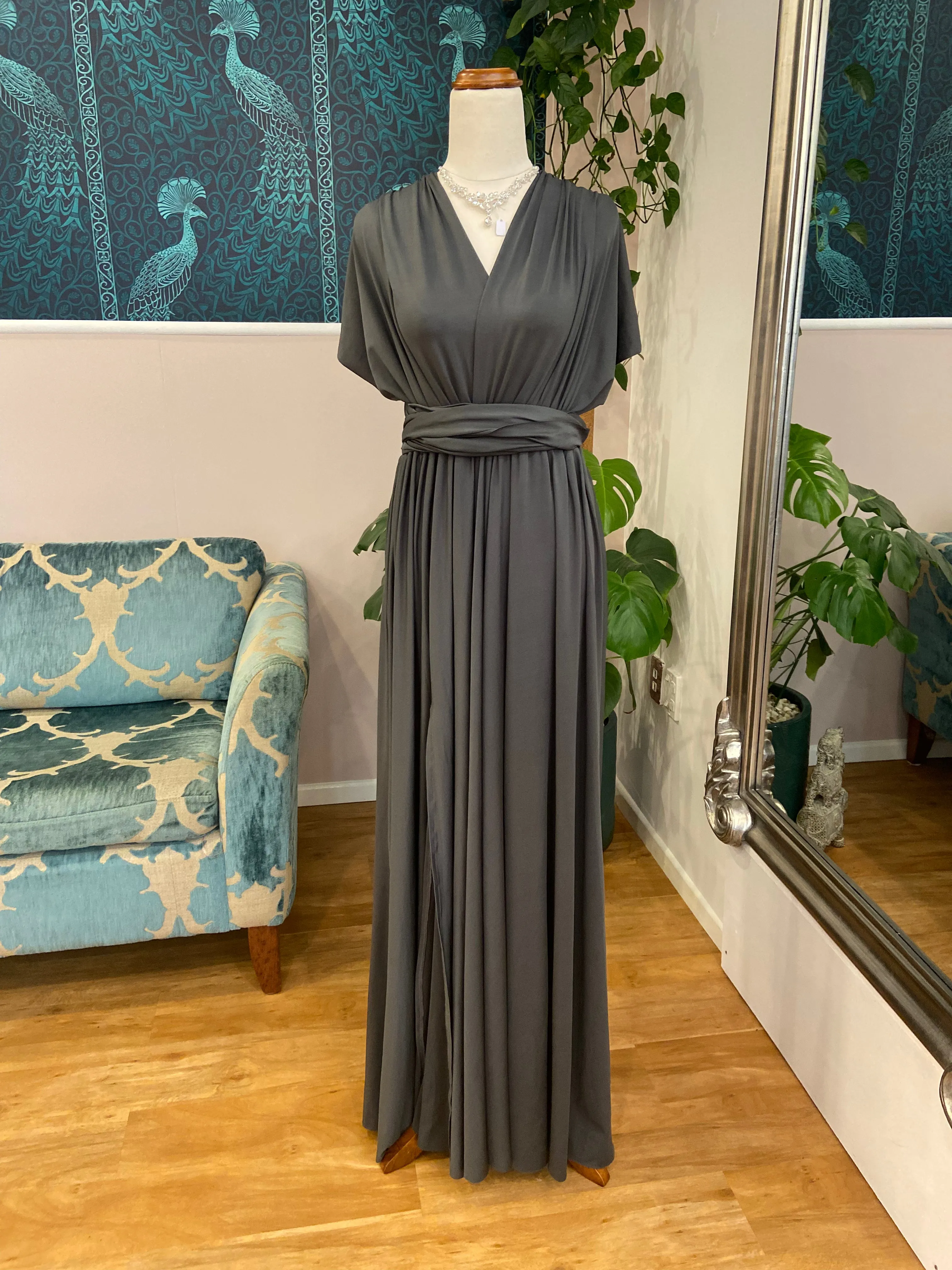 Charcoal grey convertible Infinity dress with split Express NZ wide