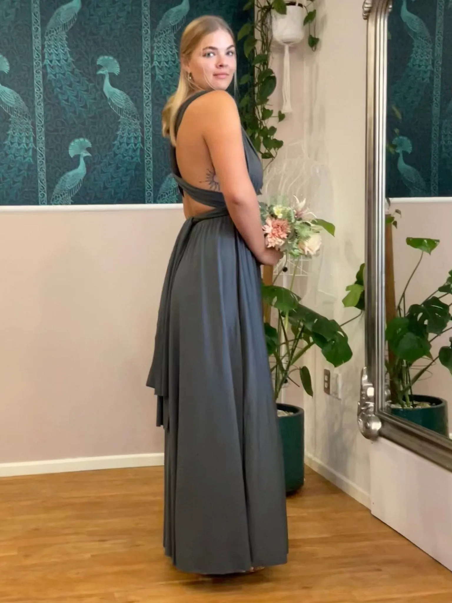 Charcoal grey convertible Infinity dress with split Express NZ wide