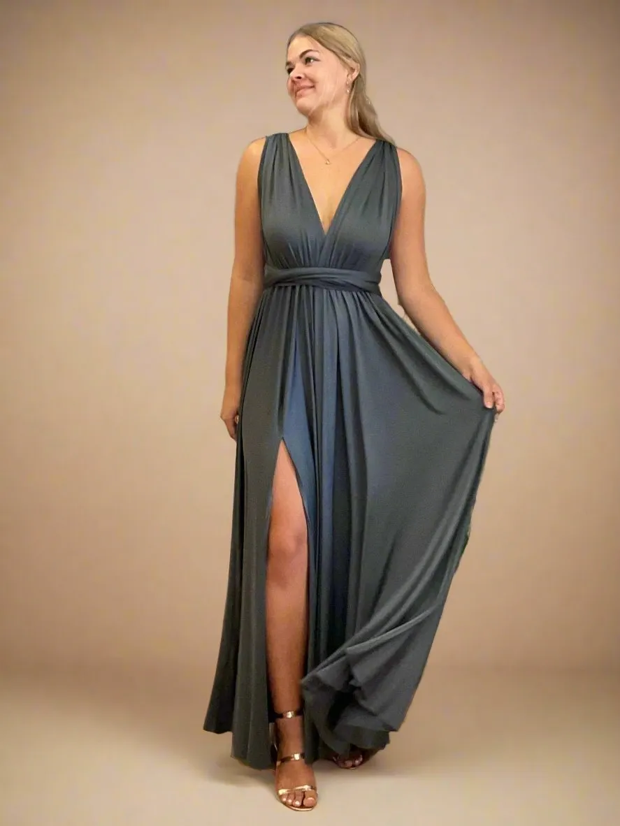 Charcoal grey convertible Infinity dress with split Express NZ wide