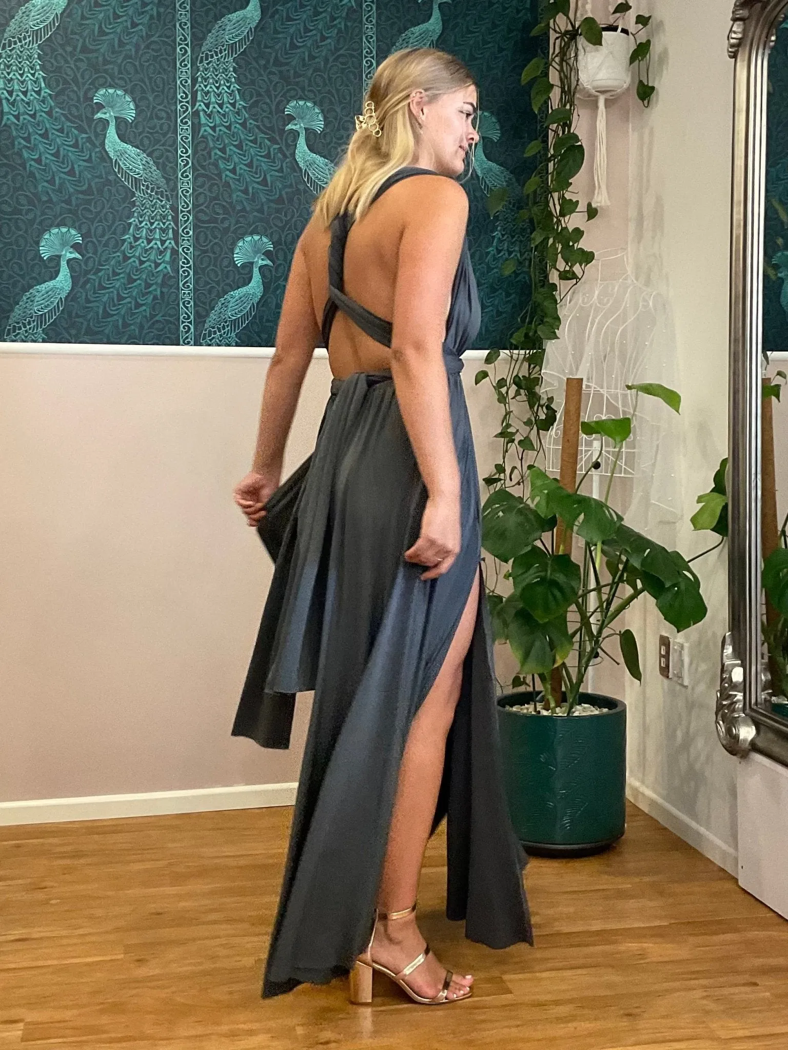 Charcoal grey convertible Infinity dress with split Express NZ wide