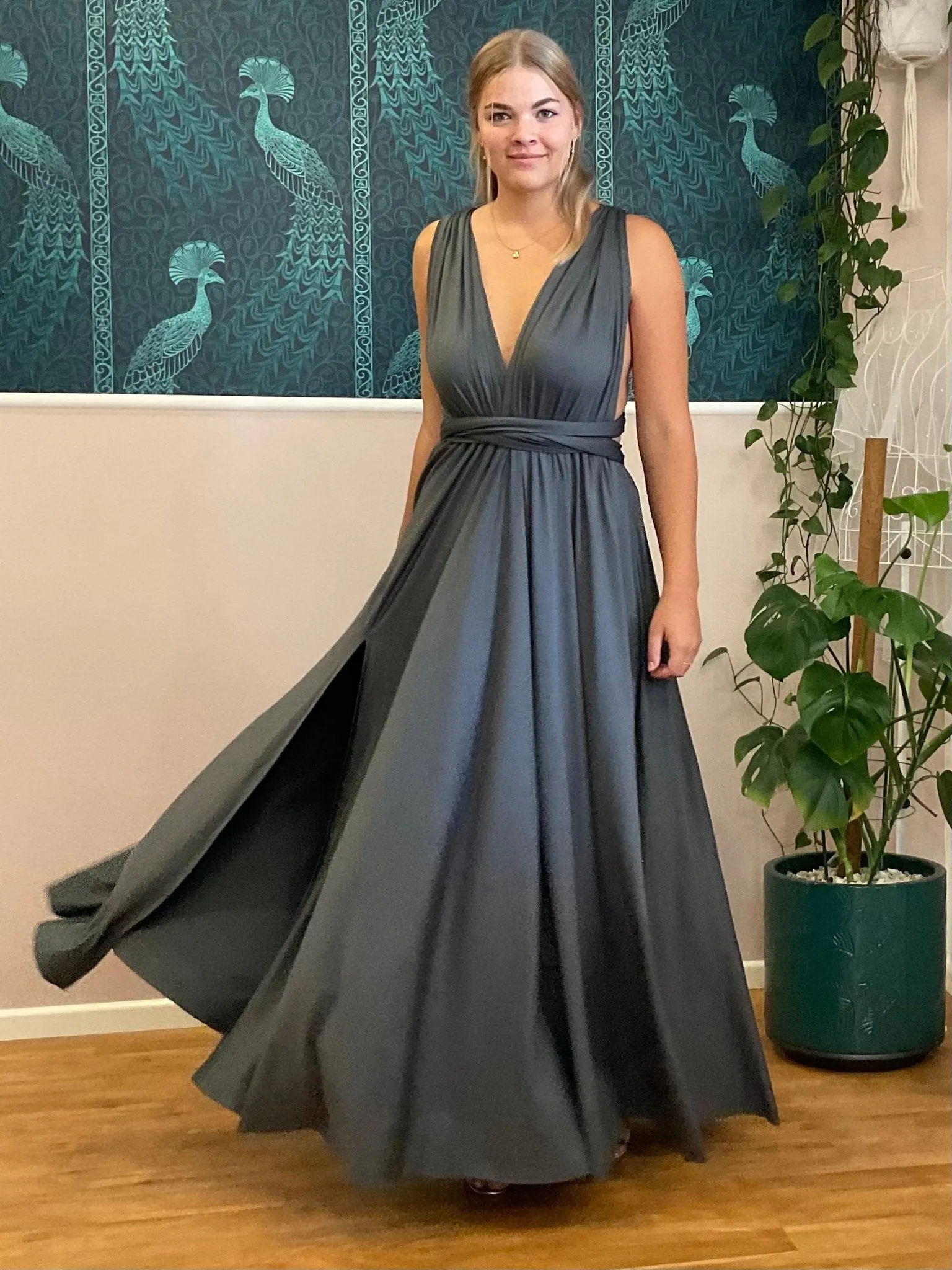 Charcoal grey convertible Infinity dress with split Express NZ wide