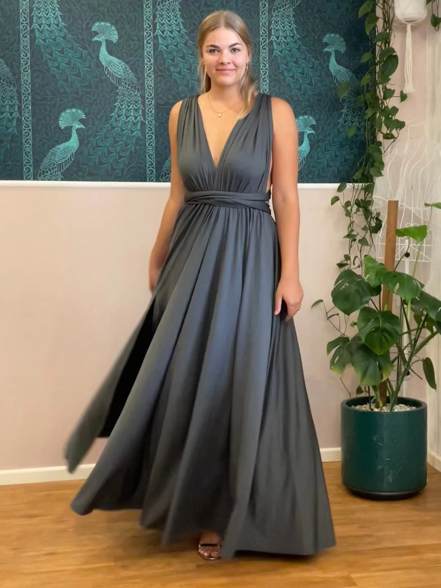 Charcoal grey convertible Infinity dress with split Express NZ wide