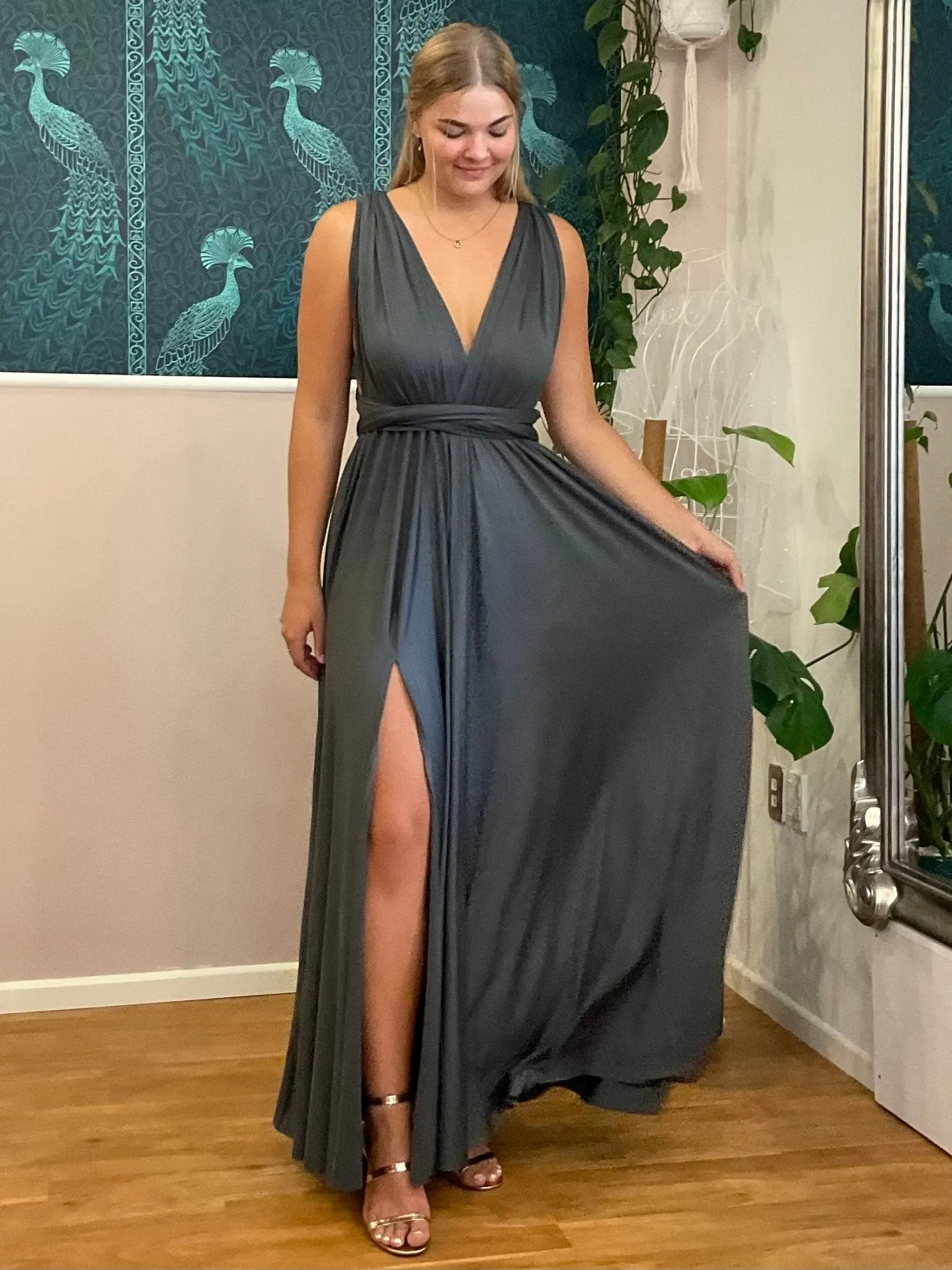Charcoal grey convertible Infinity dress with split Express NZ wide