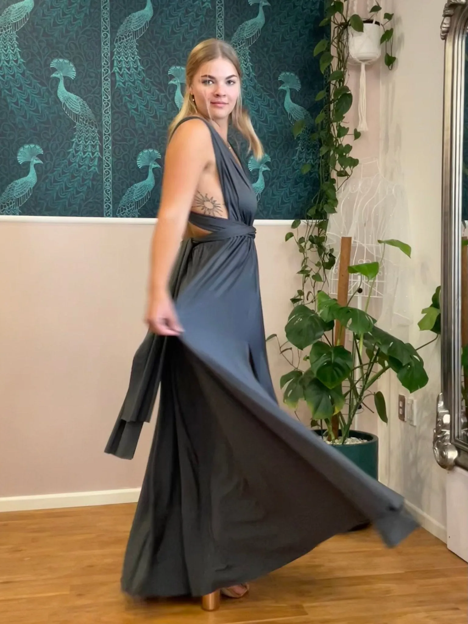 Charcoal grey convertible Infinity dress with split Express NZ wide