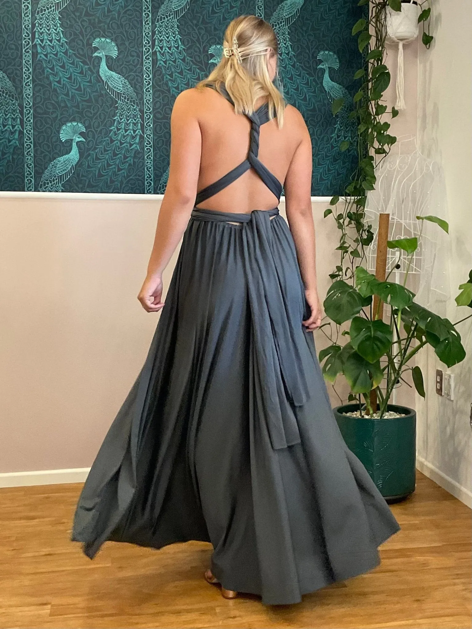 Charcoal grey convertible Infinity dress with split Express NZ wide