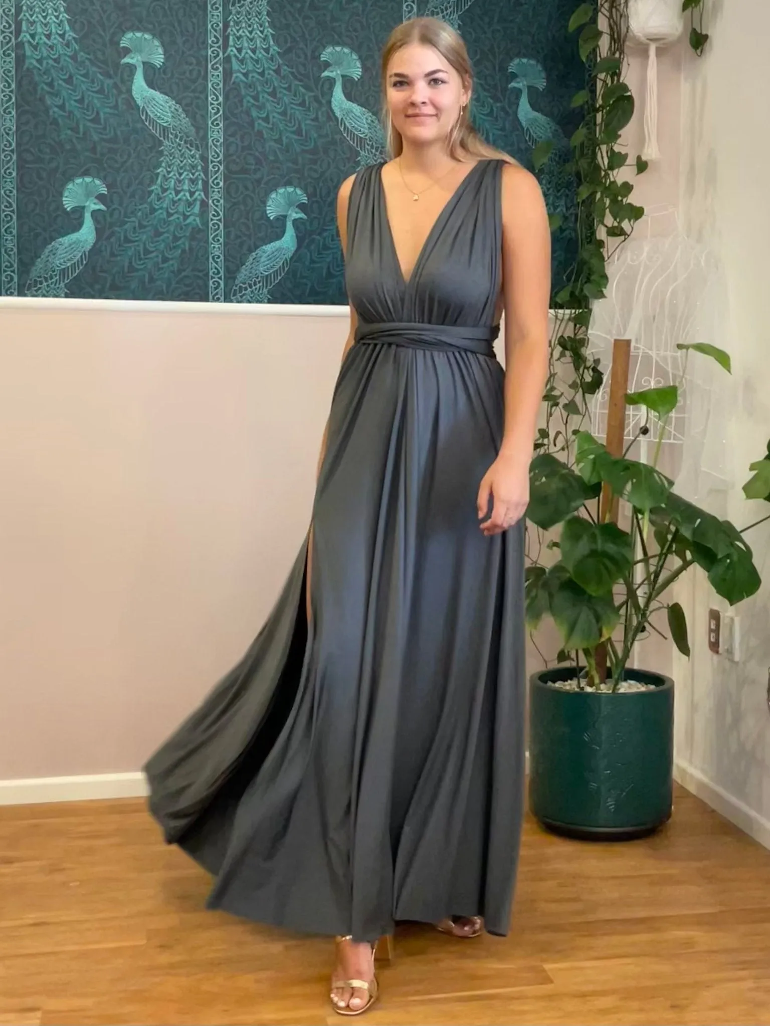 Charcoal grey convertible Infinity dress with split Express NZ wide