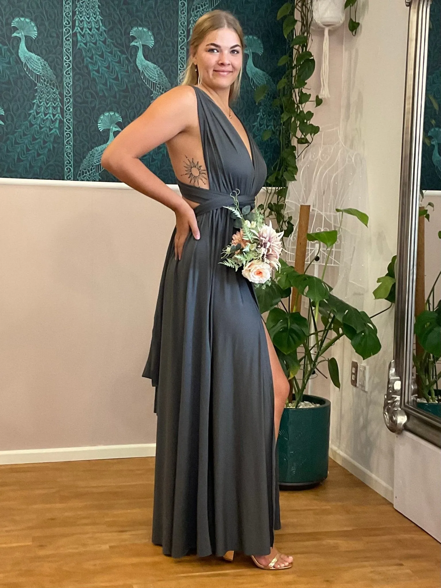 Charcoal grey convertible Infinity dress with split Express NZ wide
