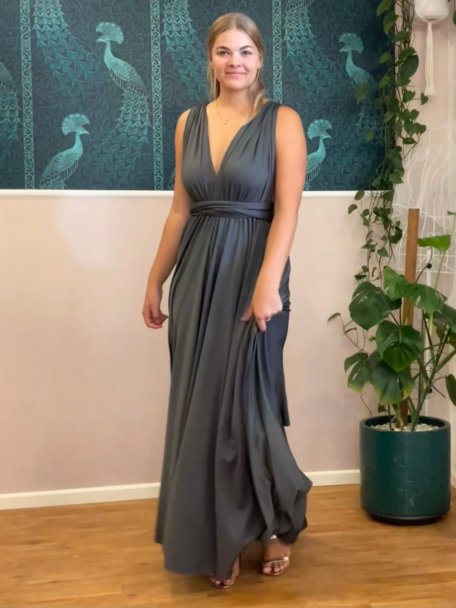 Charcoal grey convertible Infinity dress with split Express NZ wide