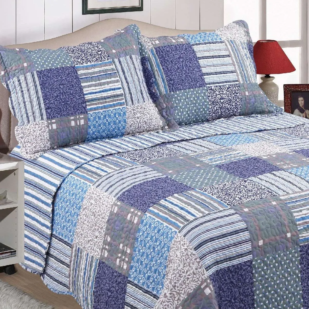 Check Quilted Bedspread Patchwork - Purple/Blue