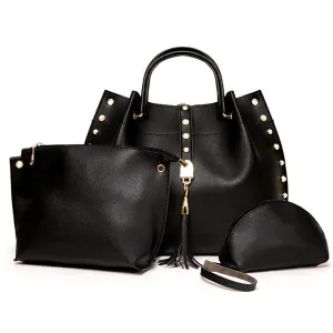 Classy Leather Luxury Design 3pcs Woman Black Handbag