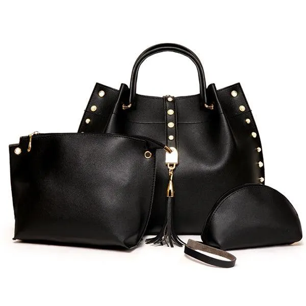 Classy Leather Luxury Design 3pcs Woman Black Handbag