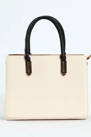 Colour Block Multi Compartment Square Tote Bag - Cream