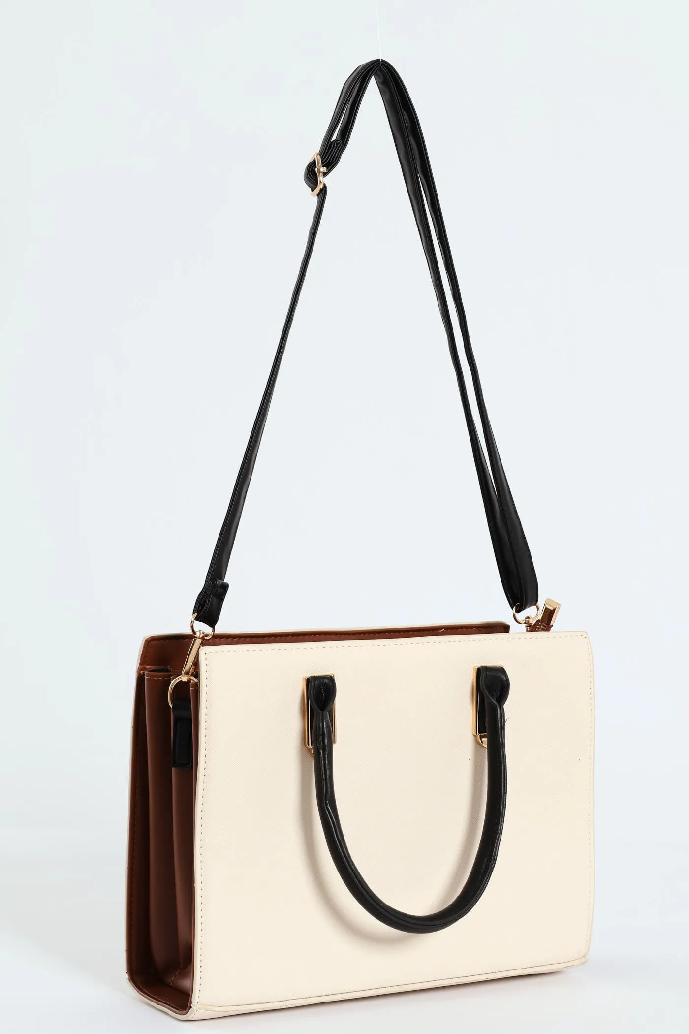 Colour Block Multi Compartment Square Tote Bag - Cream