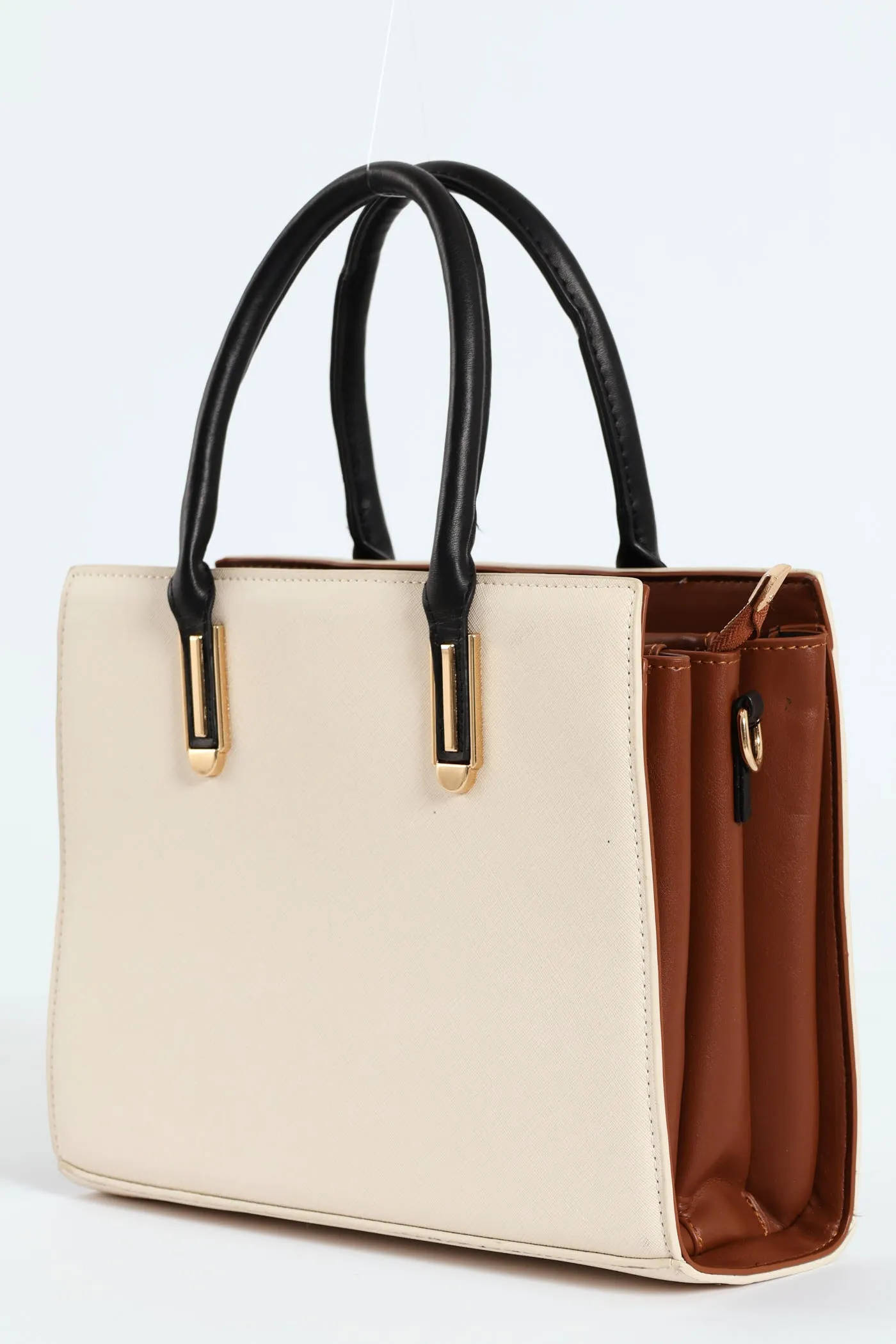 Colour Block Multi Compartment Square Tote Bag - Cream