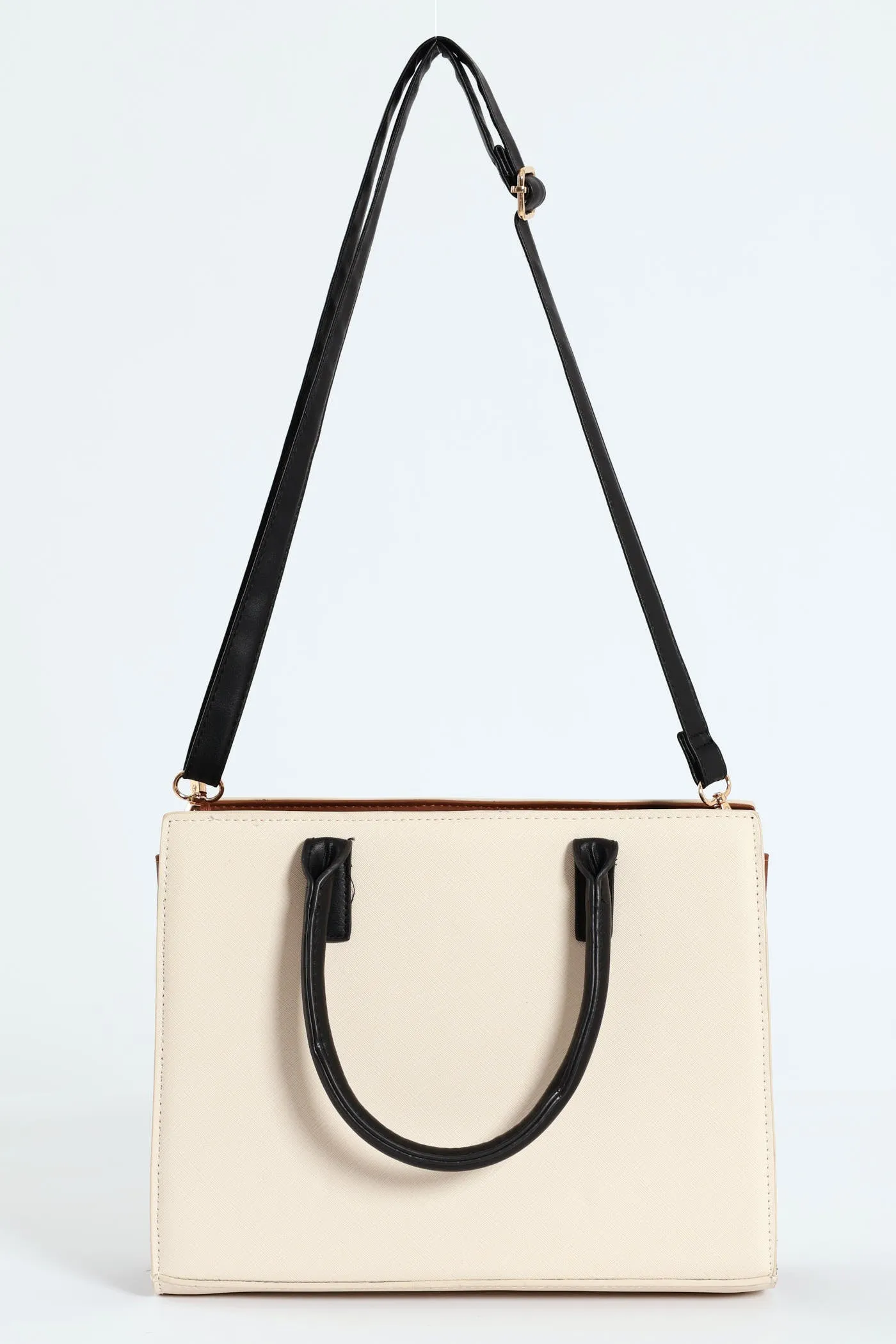 Colour Block Multi Compartment Square Tote Bag - Cream