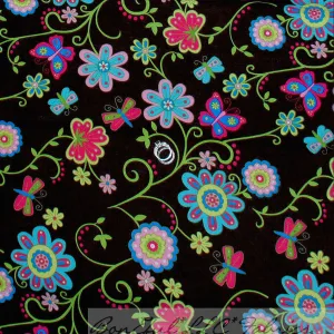 Cotton Fabric BTY Flower Brown Rainbow Dot Butterfly Garden