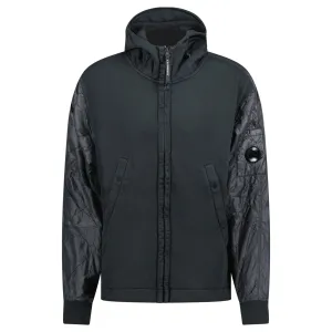 CP COMPANY DIAGONAL RAISED MIXED QUILTED LENSE HOODIE BLACK