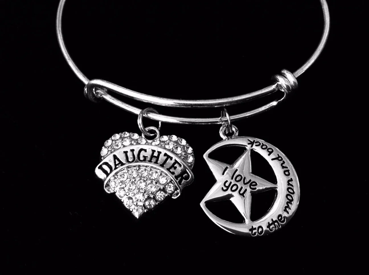 Daughter I Love You to The Moon Adjustable Bracelet Crystal Heart Expandable Charm Bracelet