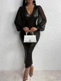 Deep V-neck bubble sleeve dress