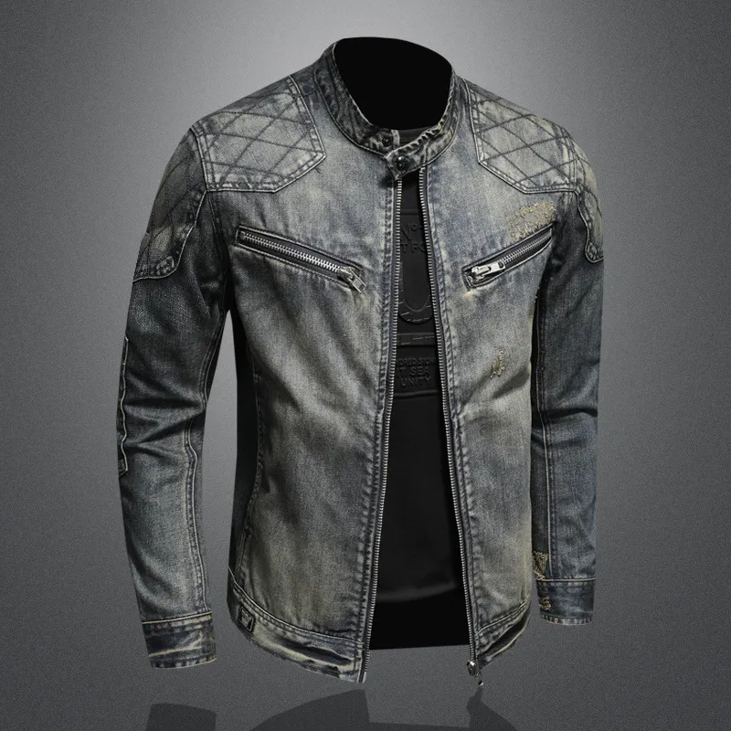 Denim Axel™ | Men's Slim Fit Denim Jacket | Stand Collar, Quilted Shoulders & Zipper Pockets