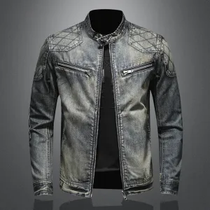Denim Axel™ | Men's Slim Fit Denim Jacket | Stand Collar, Quilted Shoulders & Zipper Pockets