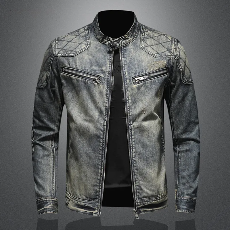 Denim Axel™ | Men's Slim Fit Denim Jacket | Stand Collar, Quilted Shoulders & Zipper Pockets