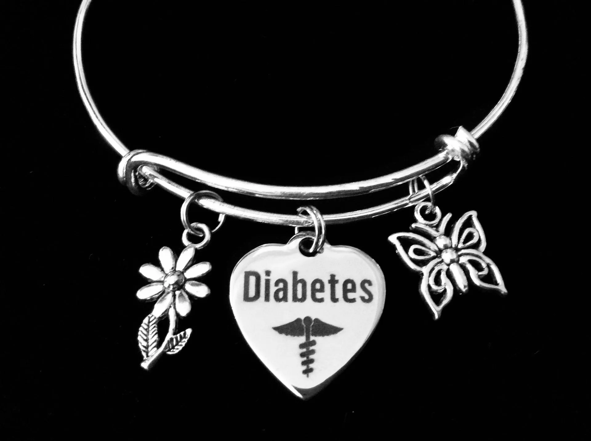 Diabetes Silver Expandable Charm Bracelet Butterfly and Daisy Adjustable Bangle Medical Alert Jewelry Gift