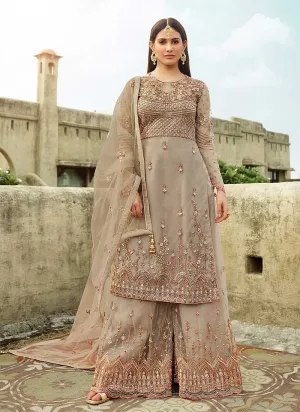Dust Grey Heavy Embroidered Sharara Style Suit