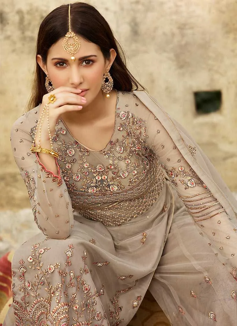 Dust Grey Heavy Embroidered Sharara Style Suit