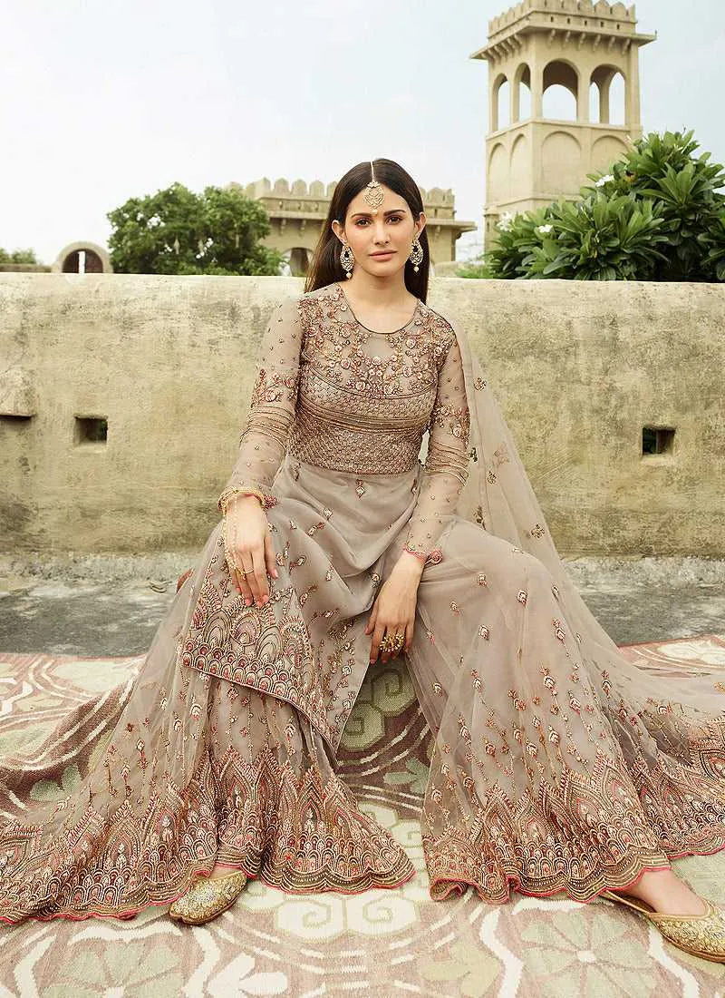 Dust Grey Heavy Embroidered Sharara Style Suit