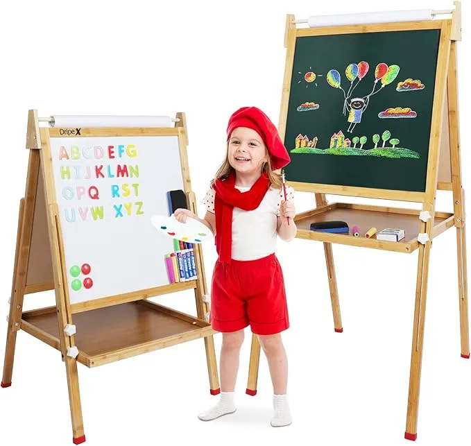Eco Conscious Bamboo Wood Height Adjustable 3-in-1  Easel | Whiteboard | Blackboard Double Easel | 3-16 Years