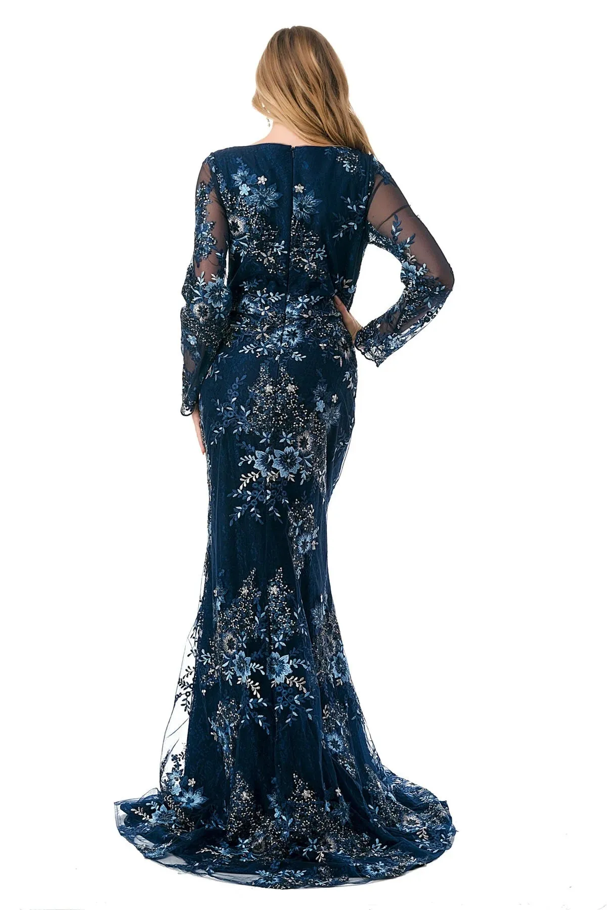 Embroidered Long Sleeve Scalloped Edge Gown