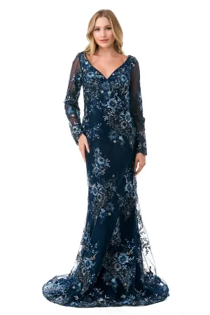 Embroidered Long Sleeve Scalloped Edge Gown