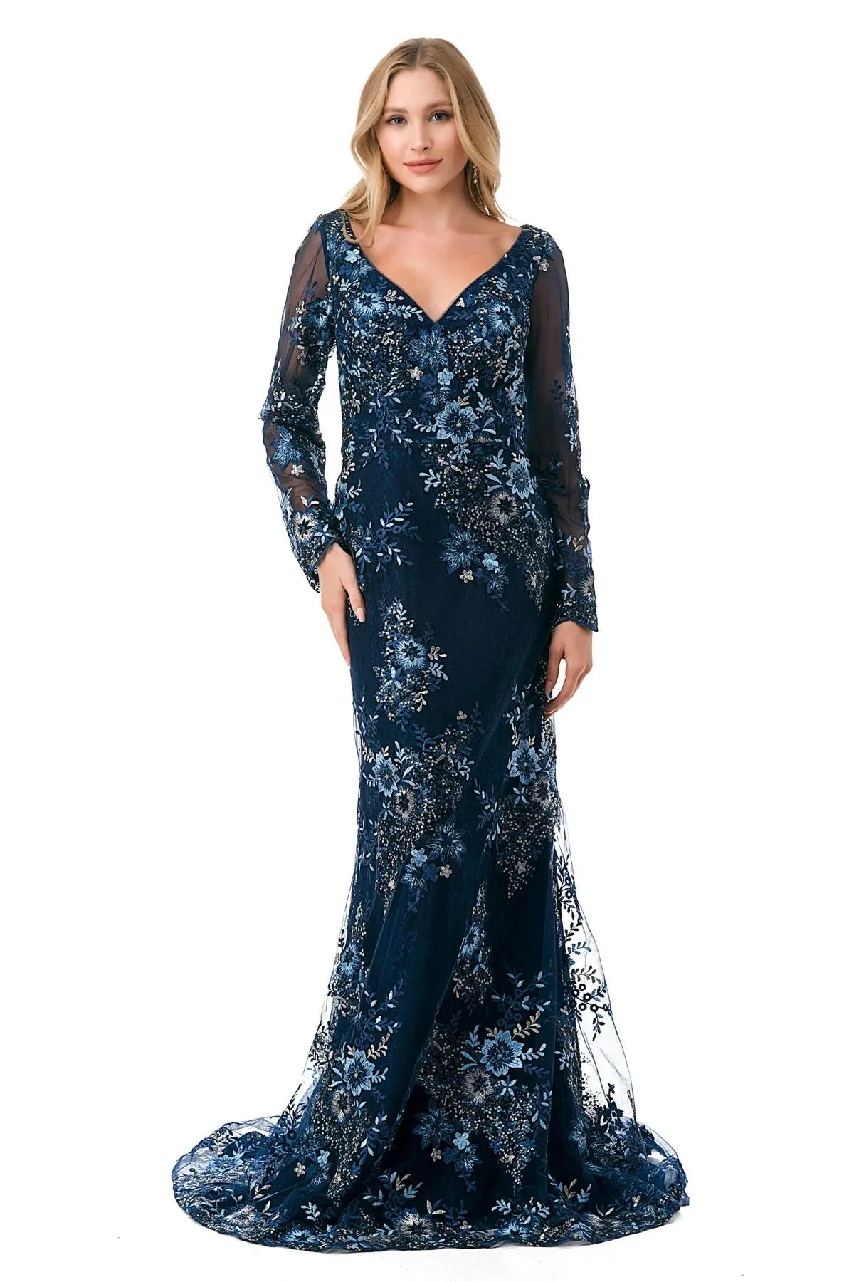 Embroidered Long Sleeve Scalloped Edge Gown
