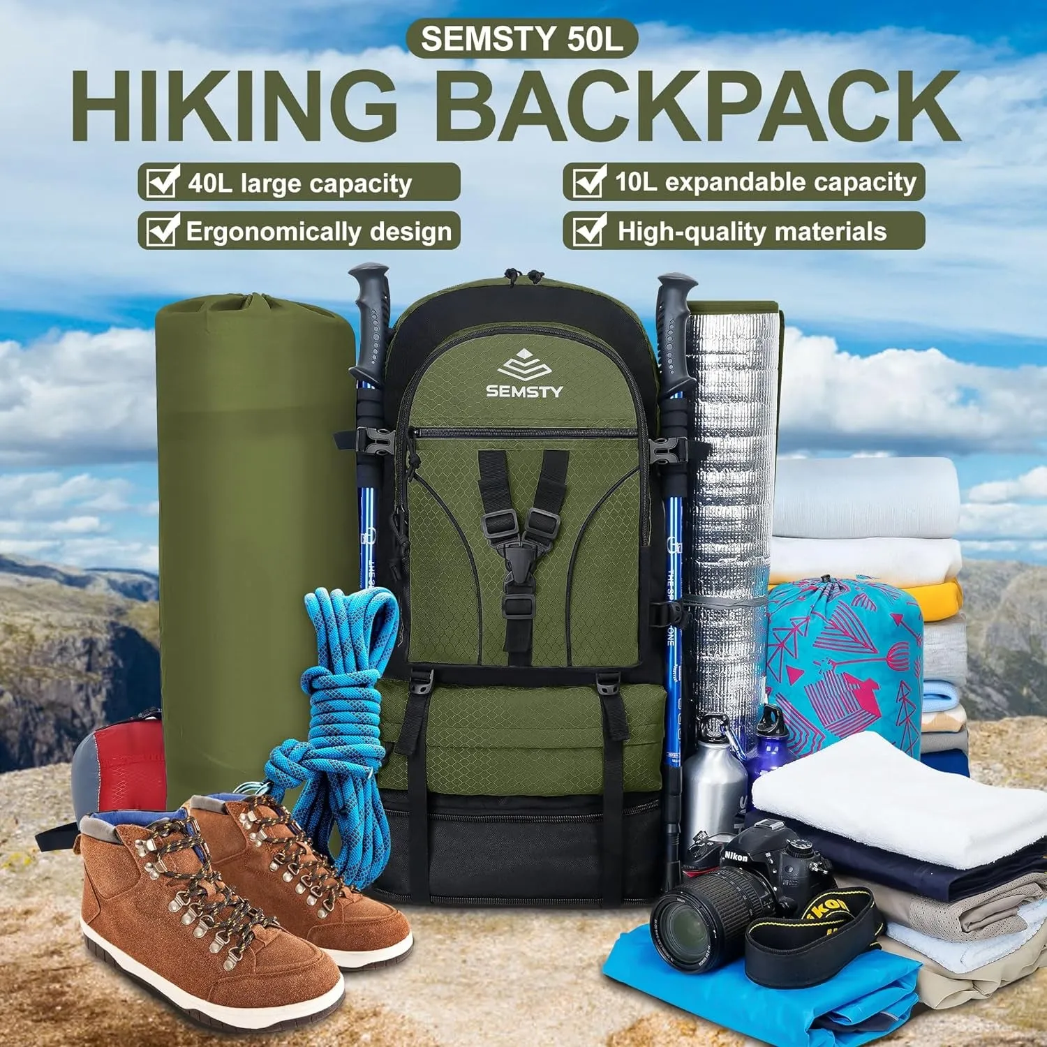 expandable 30L/40L/50L hiking backpack for travel & outdoor