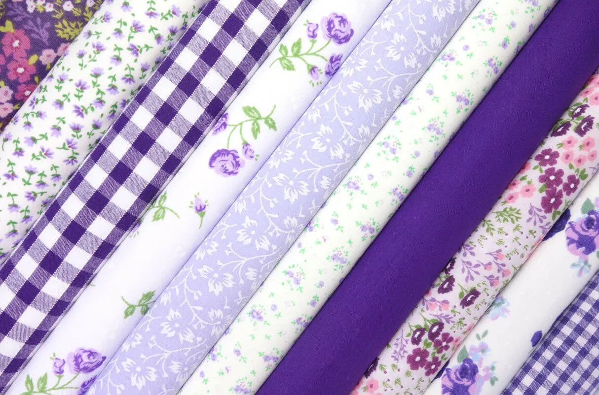 Fabric Bundles Fat Quarters Polycotton Material Vintage Florals Gingham Craft - Lilac Purple