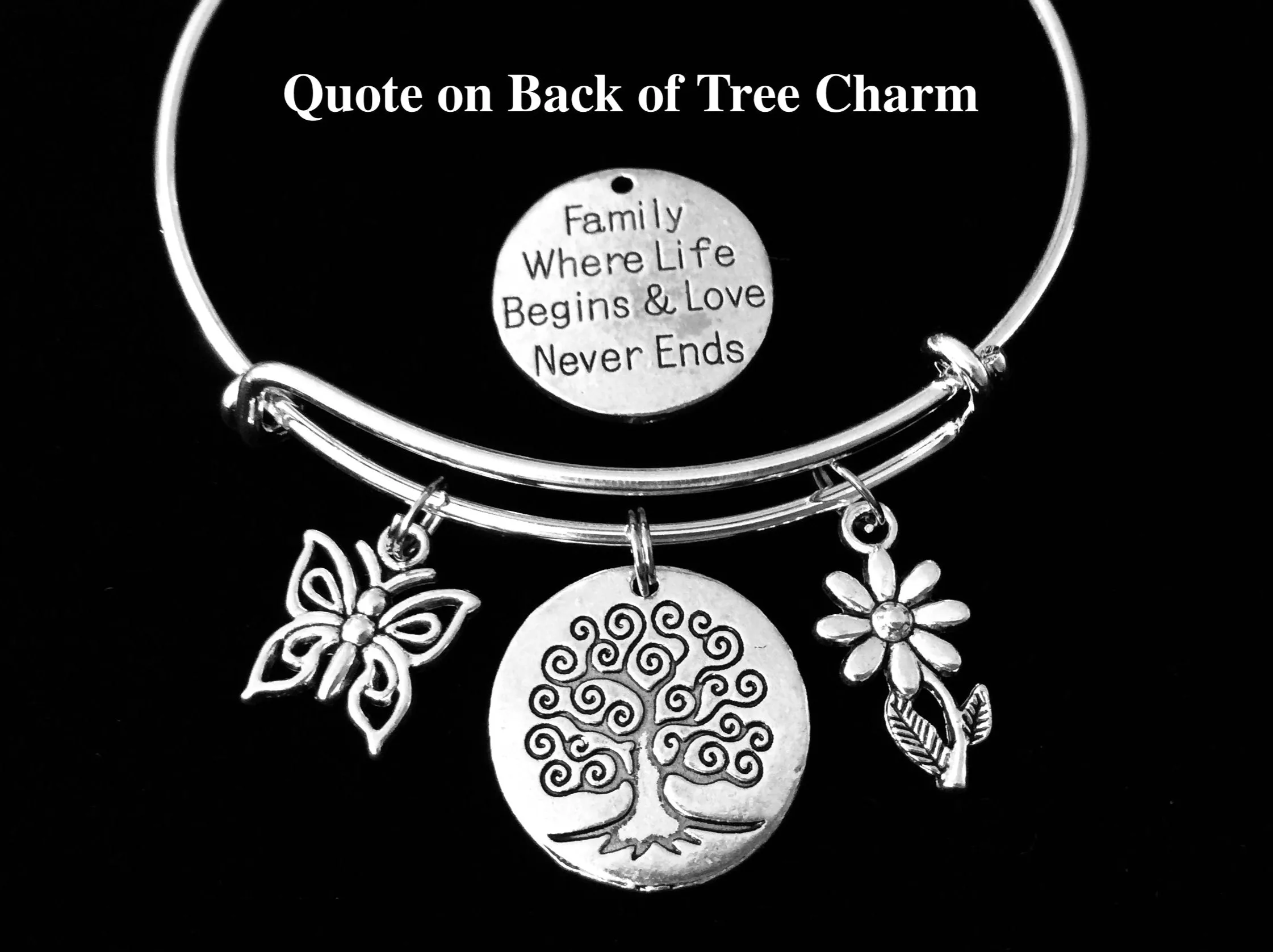 Family Tree of Life Charm Bracelet Silver Expandable Adjustable Bangle One Size Fits All Gift Mom Jewelry