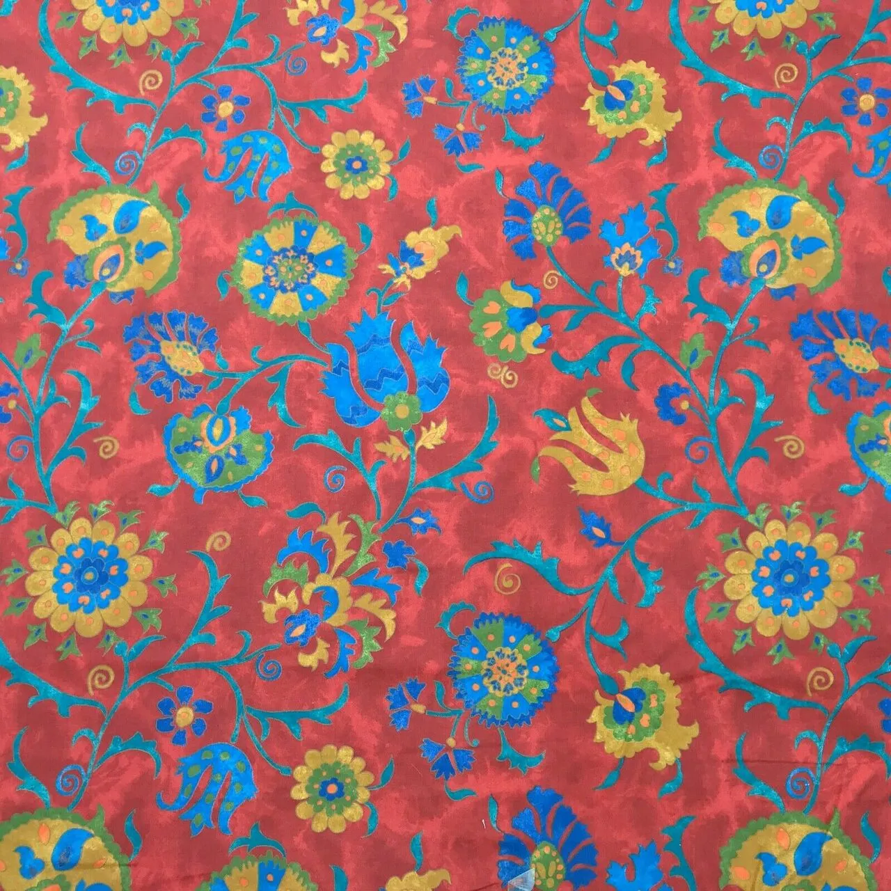 Floral Mustard Flowers Samarkand Vintage Cotton Fabric, Red