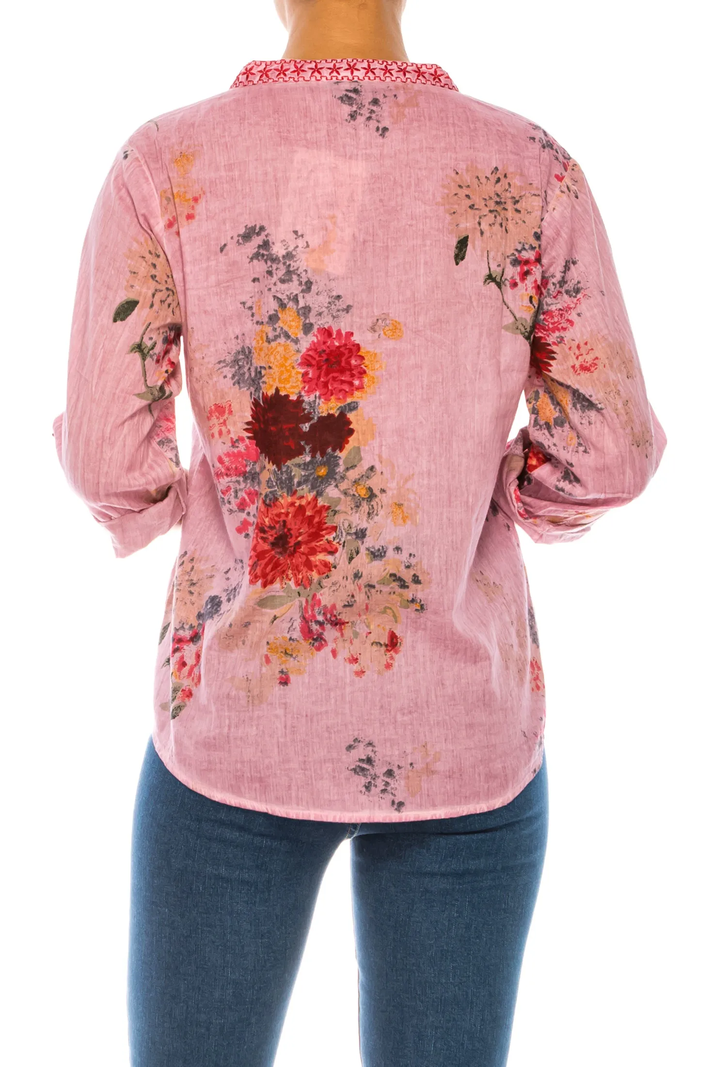 Floral Printed Pink Tunic with Embroidery and Vintage Wash