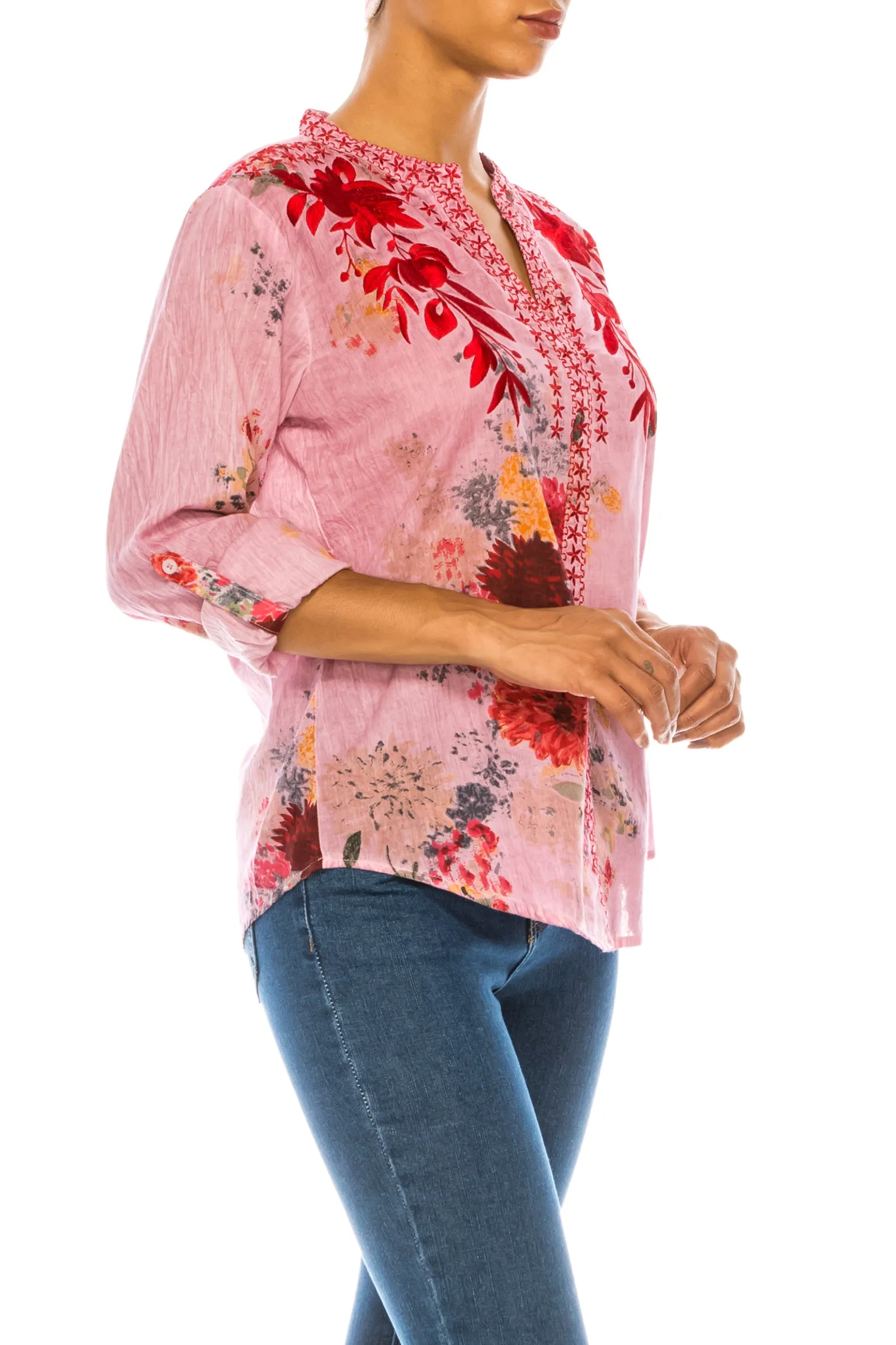 Floral Printed Pink Tunic with Embroidery and Vintage Wash