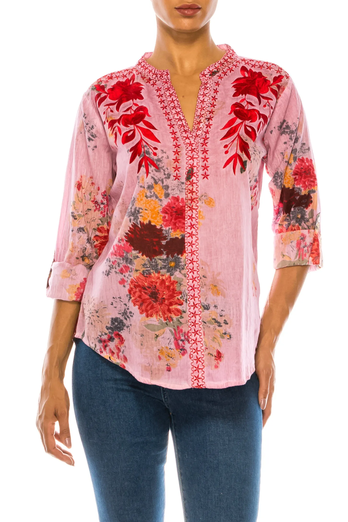 Floral Printed Pink Tunic with Embroidery and Vintage Wash