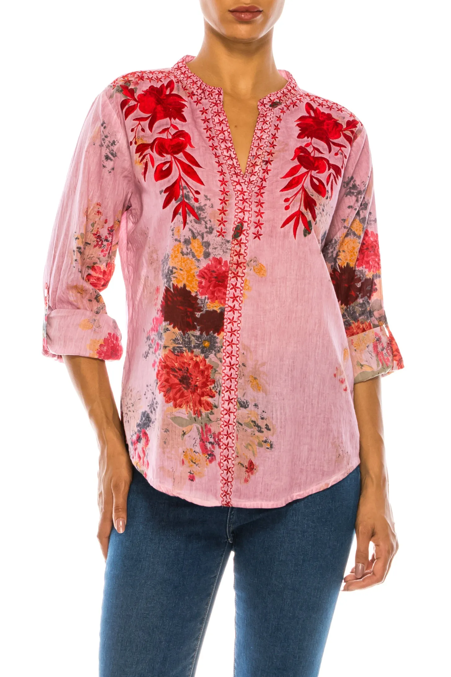 Floral Printed Pink Tunic with Embroidery and Vintage Wash