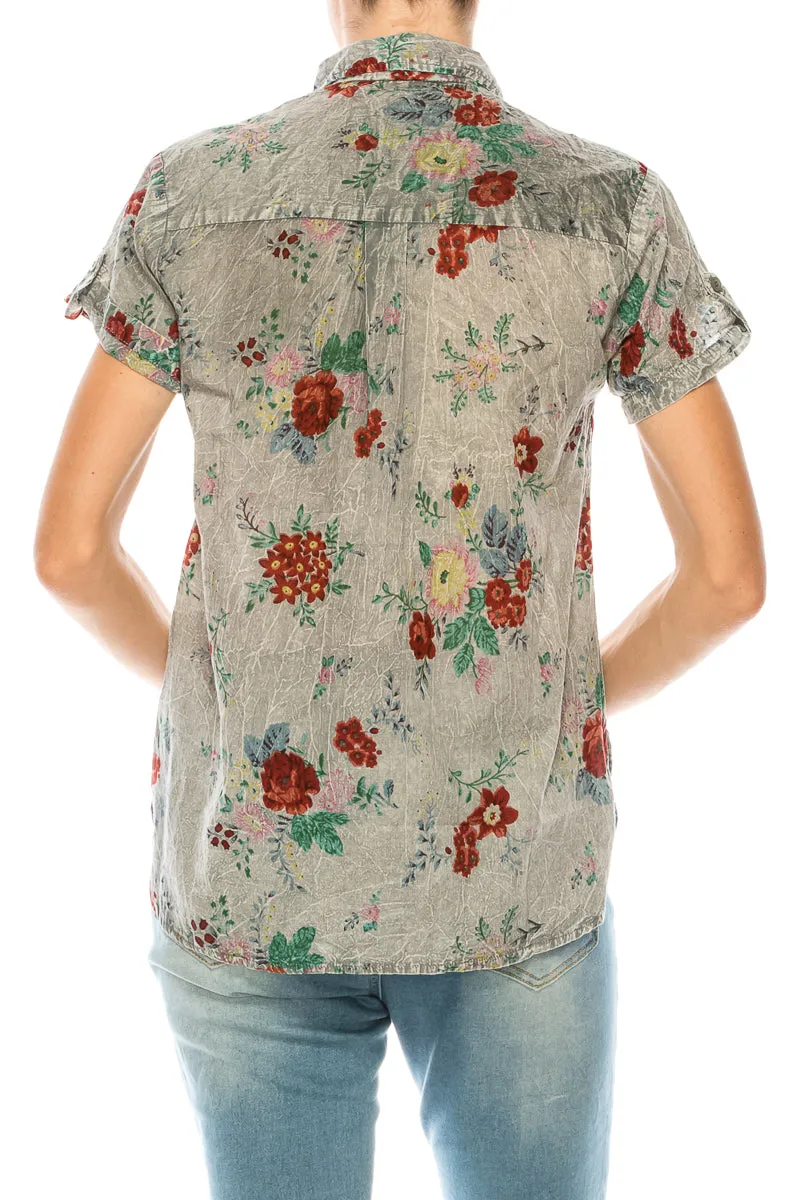 Floral Short Sleeve Shirt with Embroidery and Vintage Wash